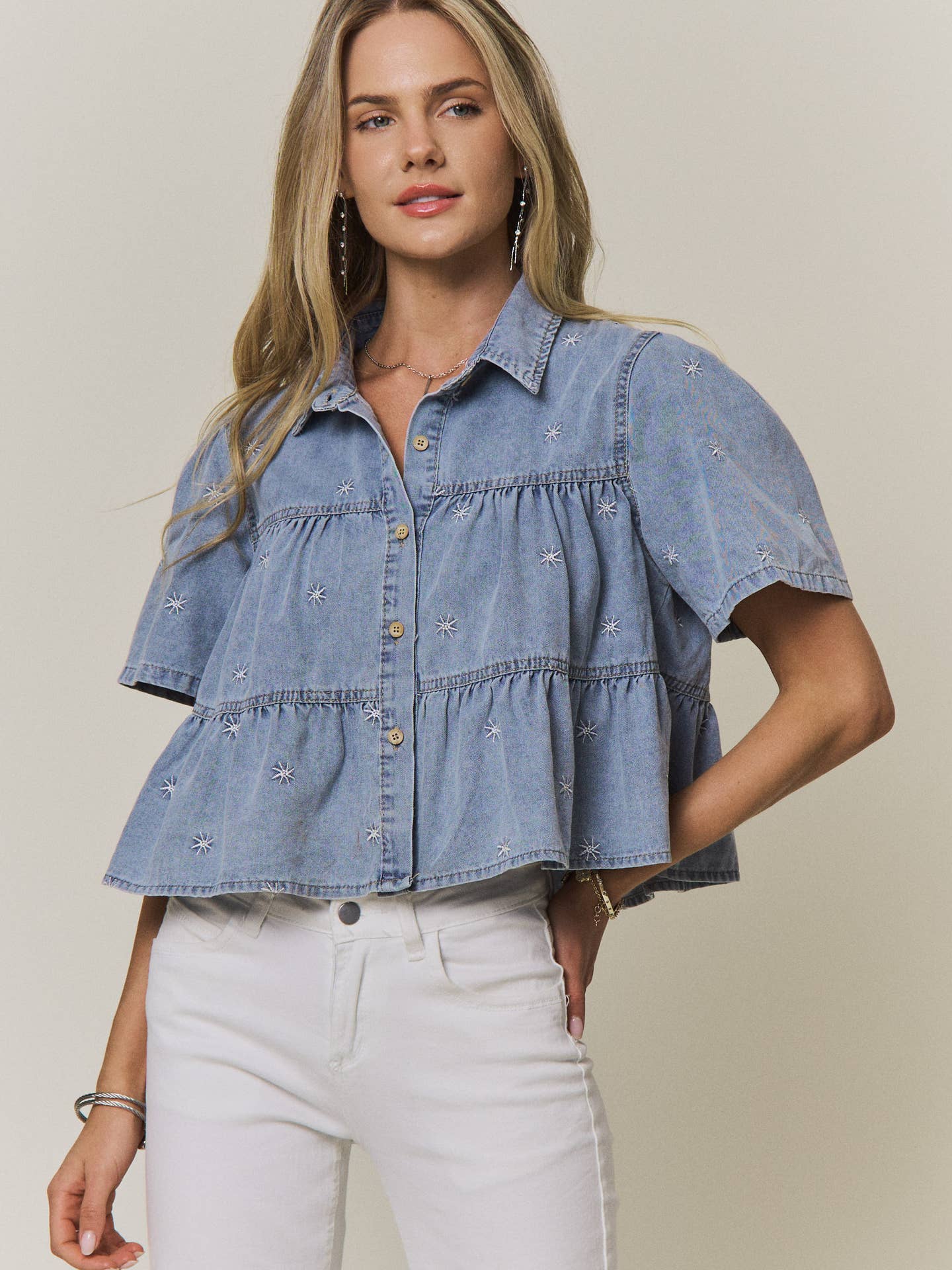 Embroidered Star Denim Tiered Shirt
