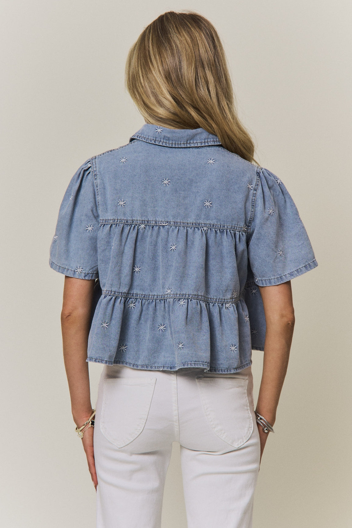 Embroidered Star Denim Tiered Shirt