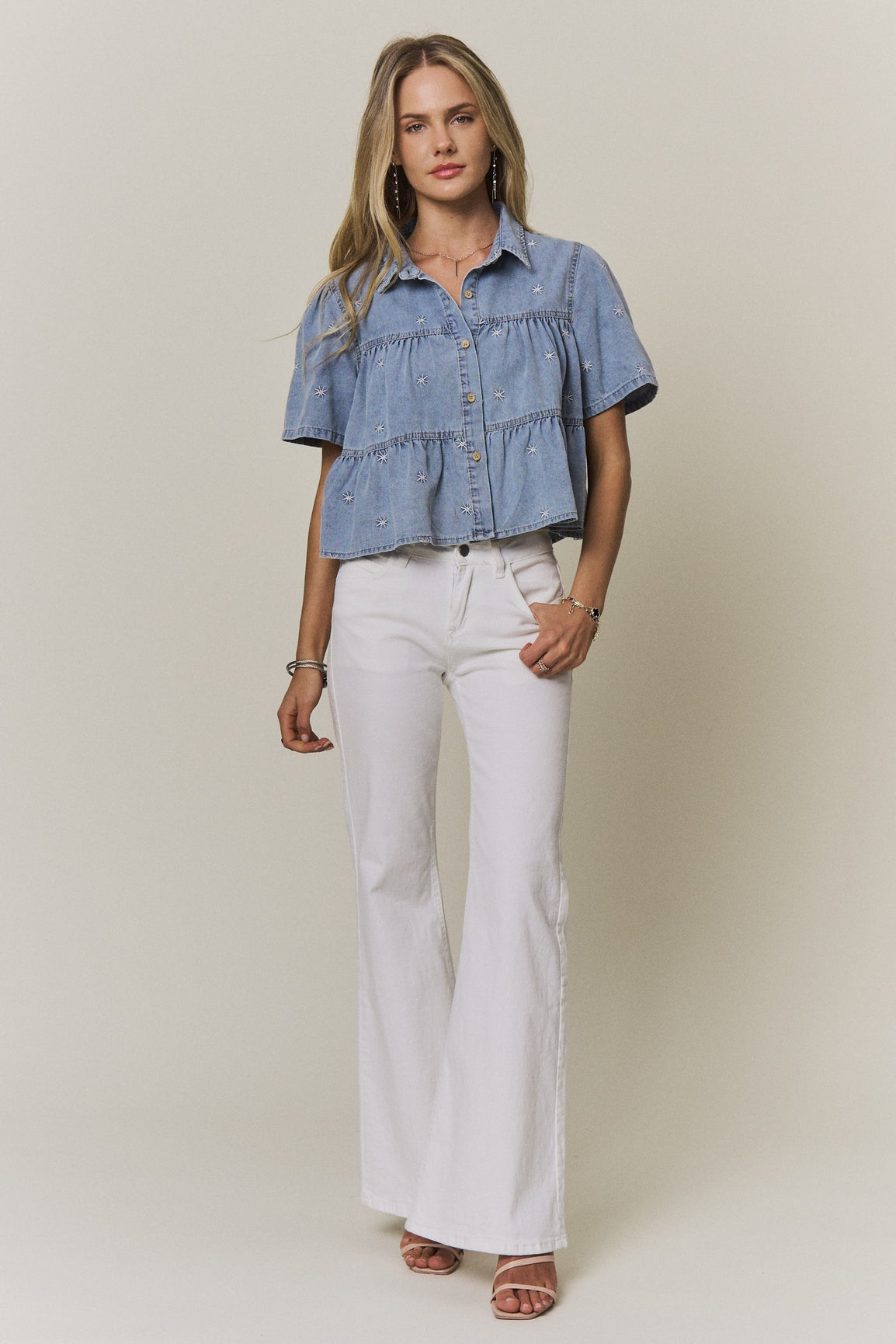 Embroidered Star Denim Tiered Shirt