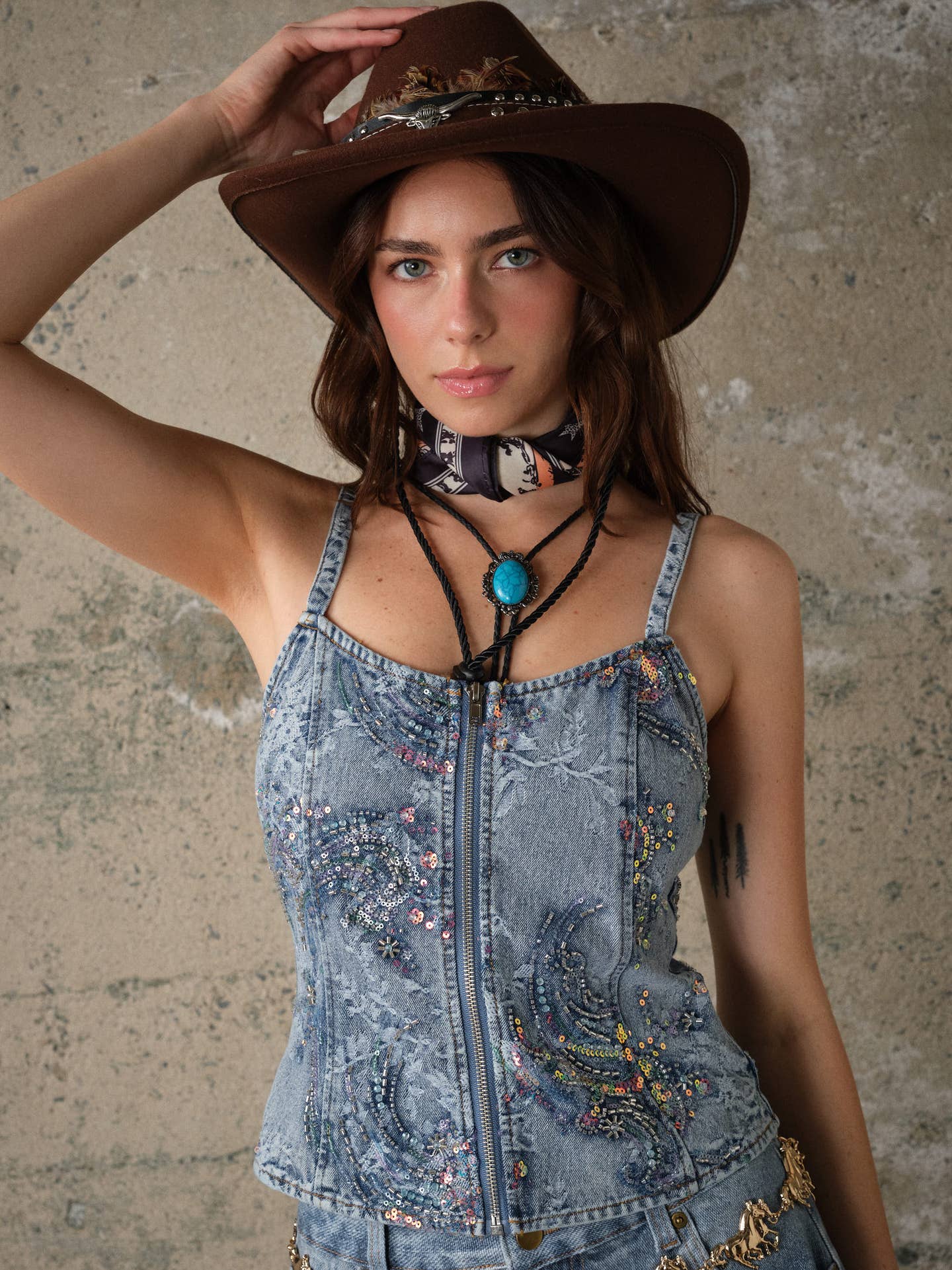 Embellished Denim Zipper Top