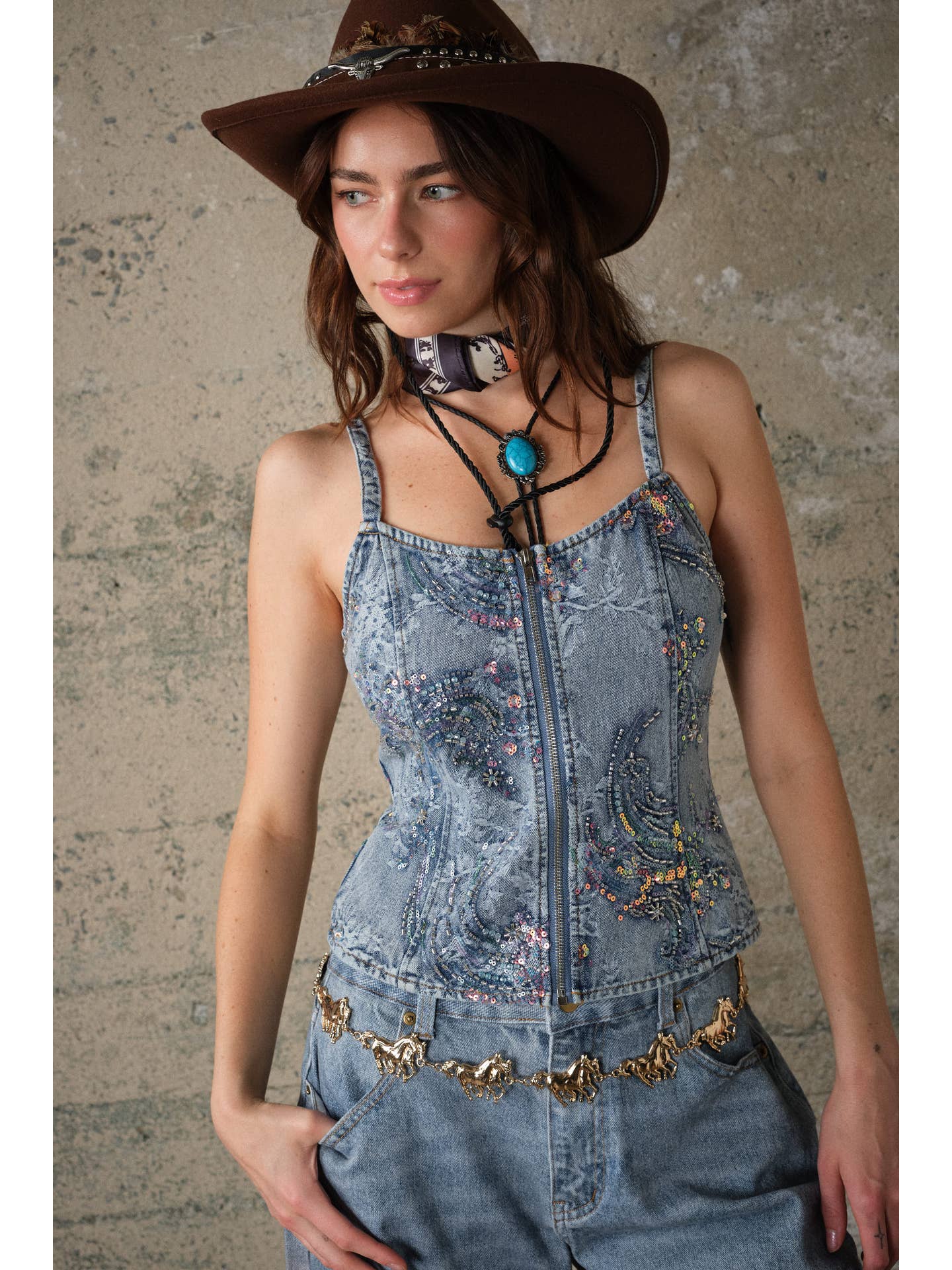 Embellished Denim Zipper Top