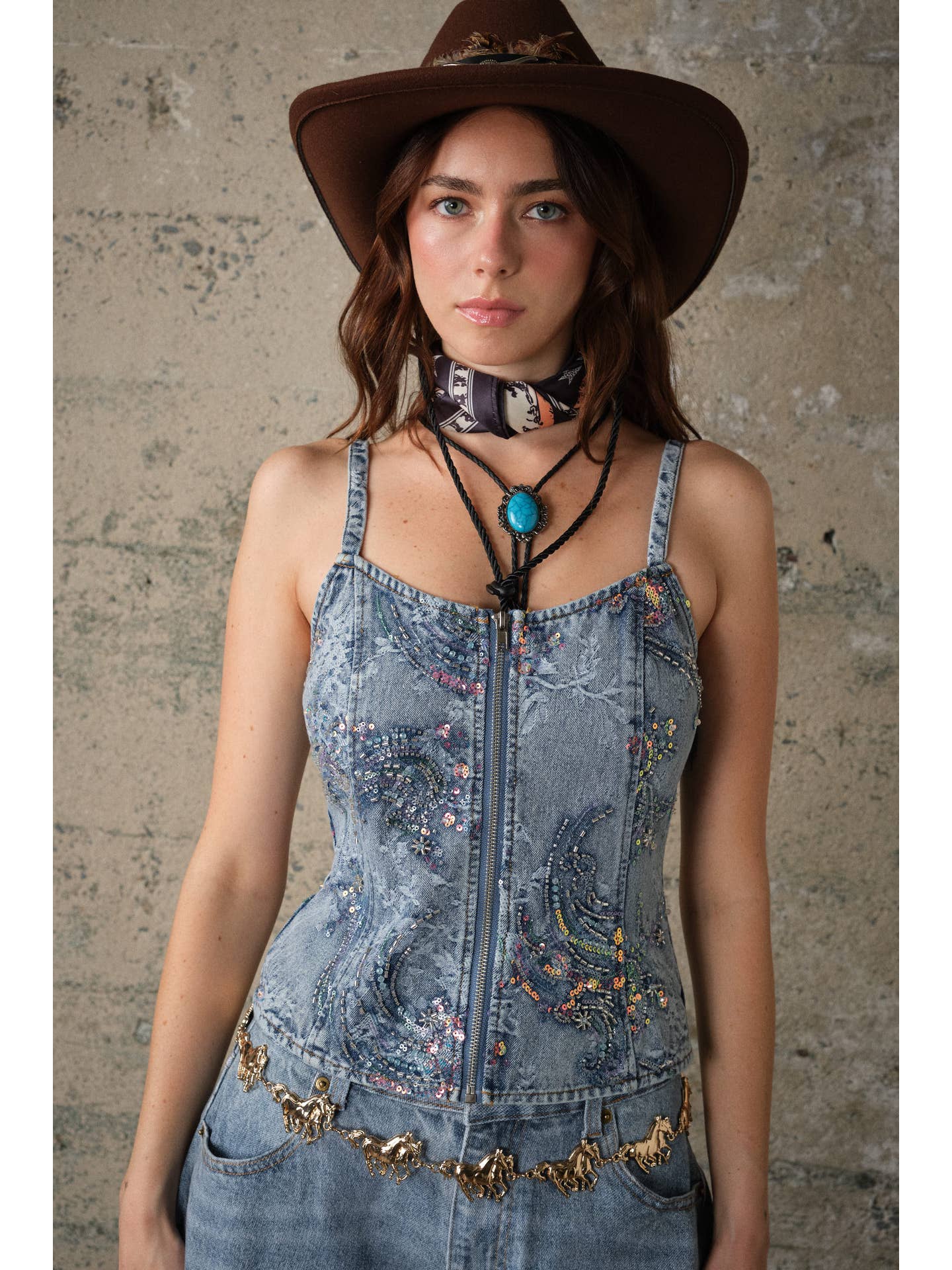 Embellished Denim Zipper Top