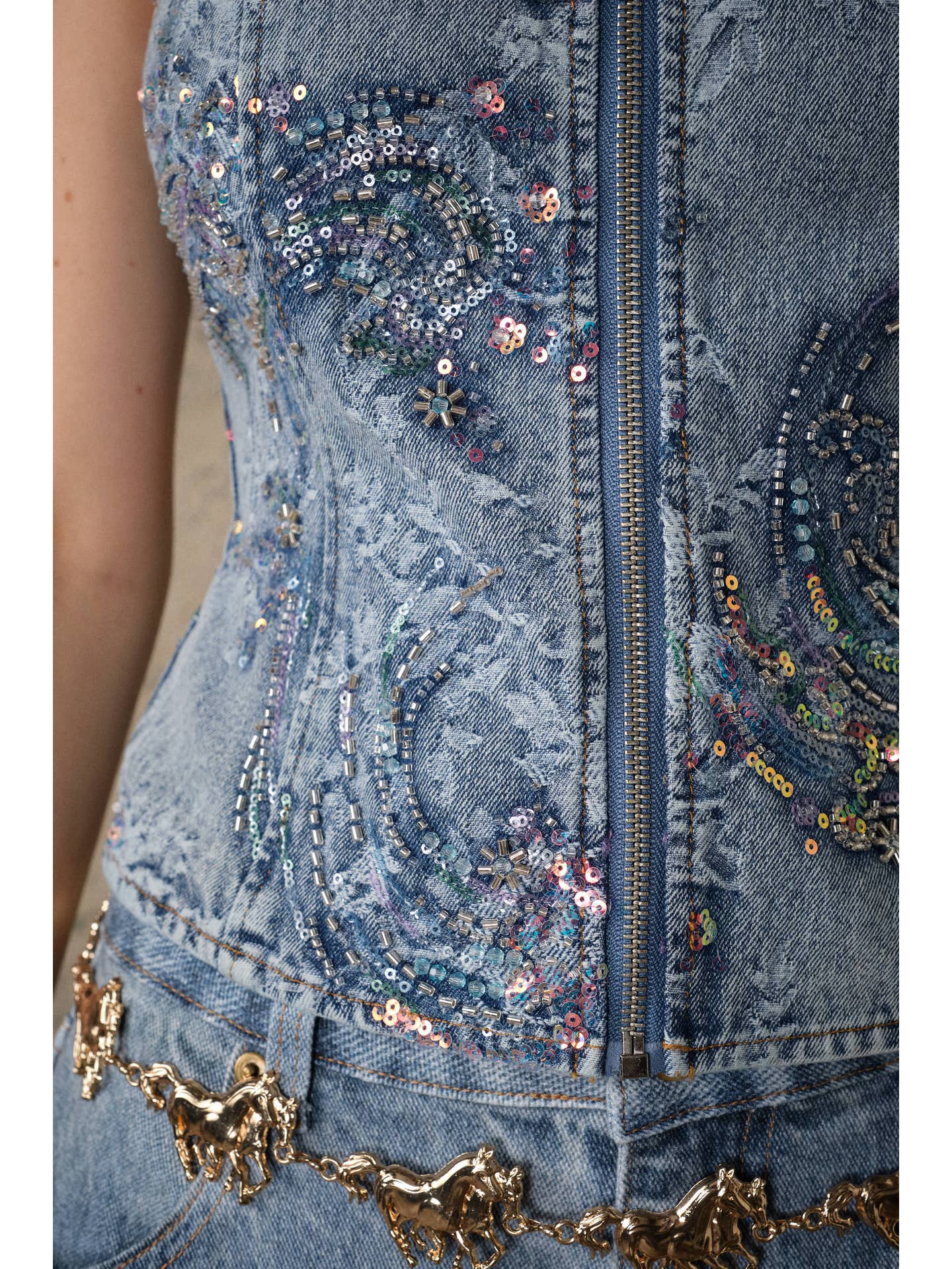 Embellished Denim Zipper Top