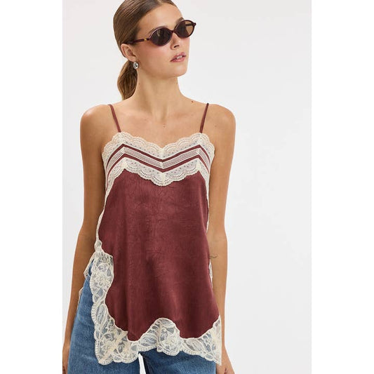 Satin & Lace Trim Slit Top