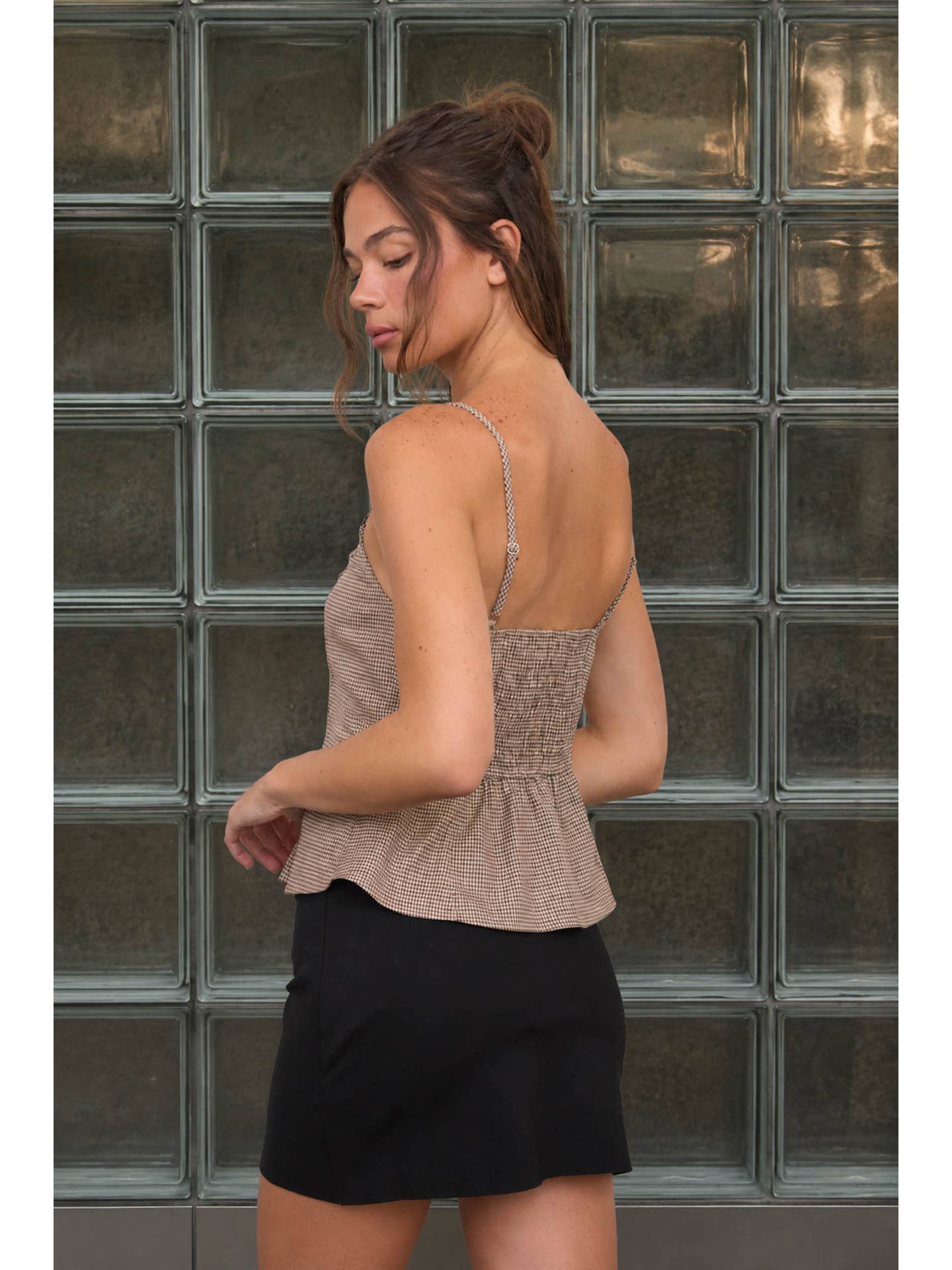 Houndstooth Lace Trim Peplum Top