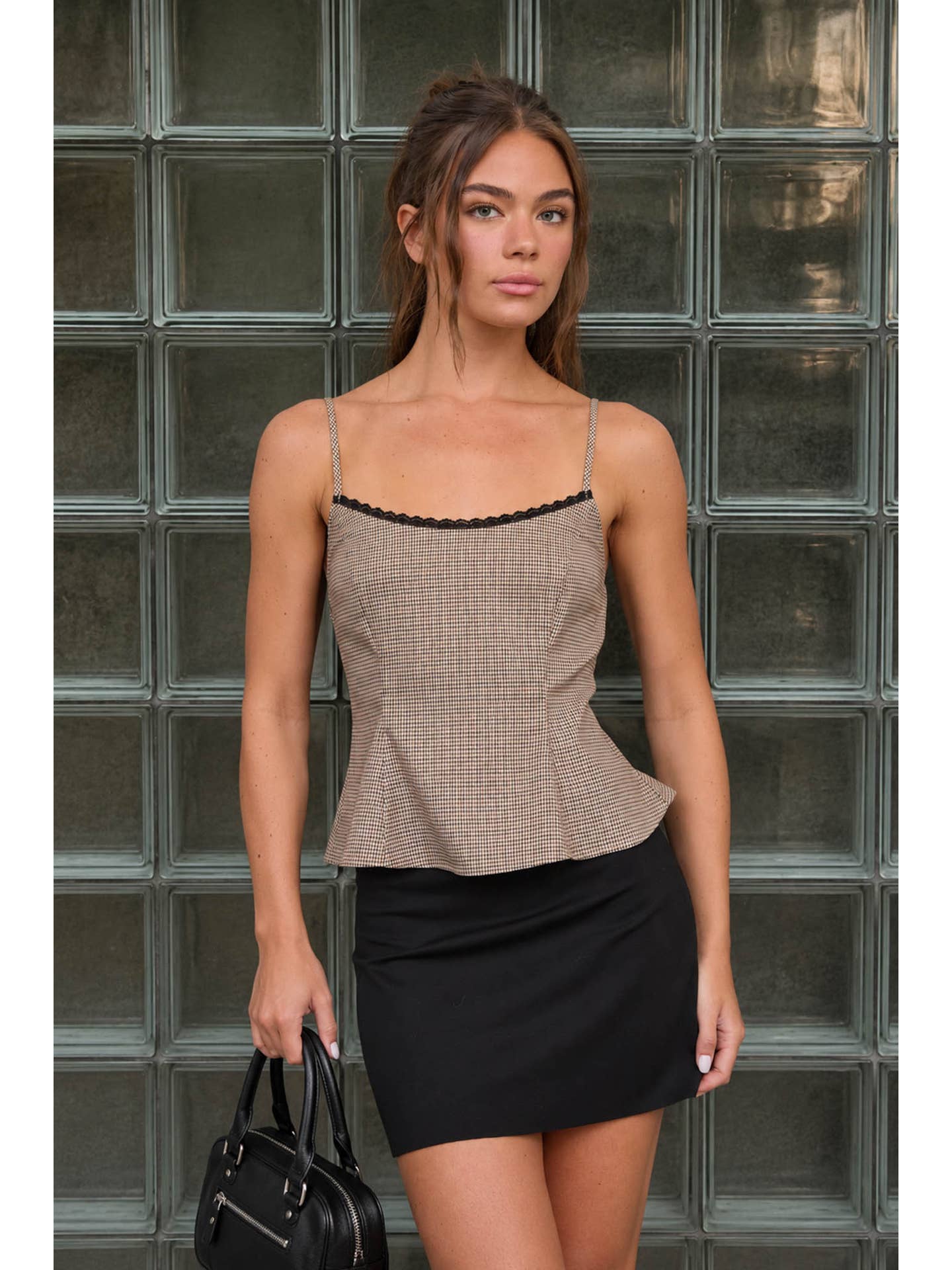 Houndstooth Lace Trim Peplum Top