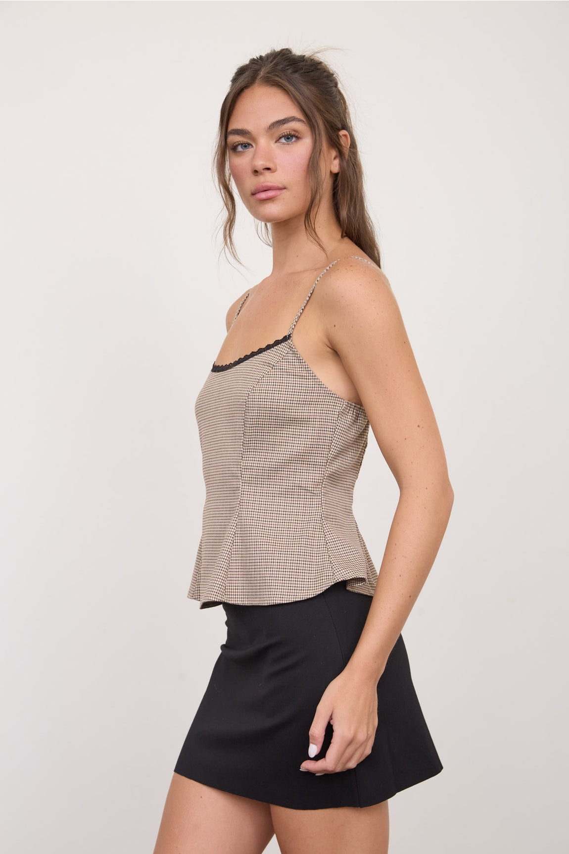 Houndstooth Lace Trim Peplum Top