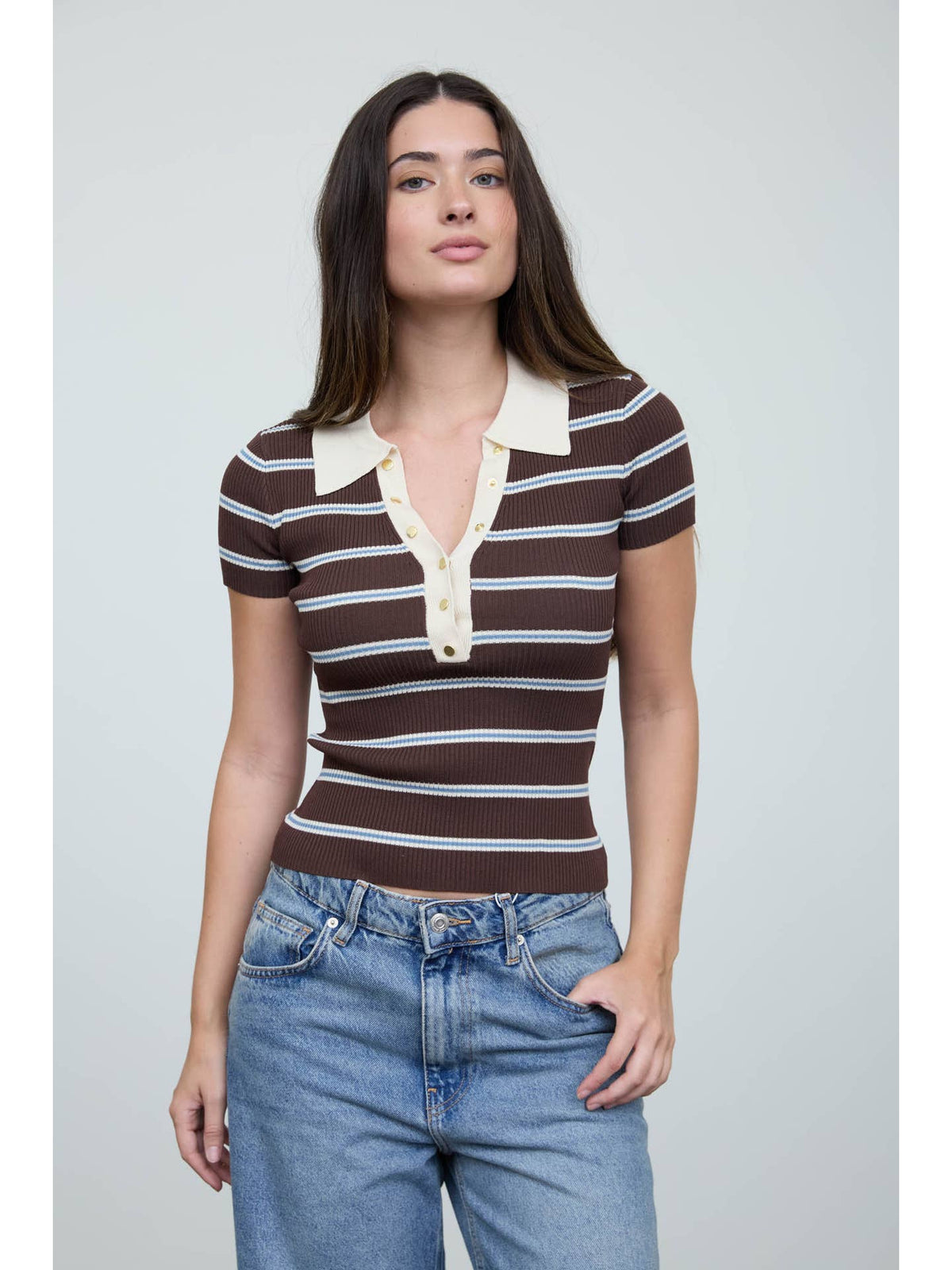 Stripe Ribbed Contrast Polo Top