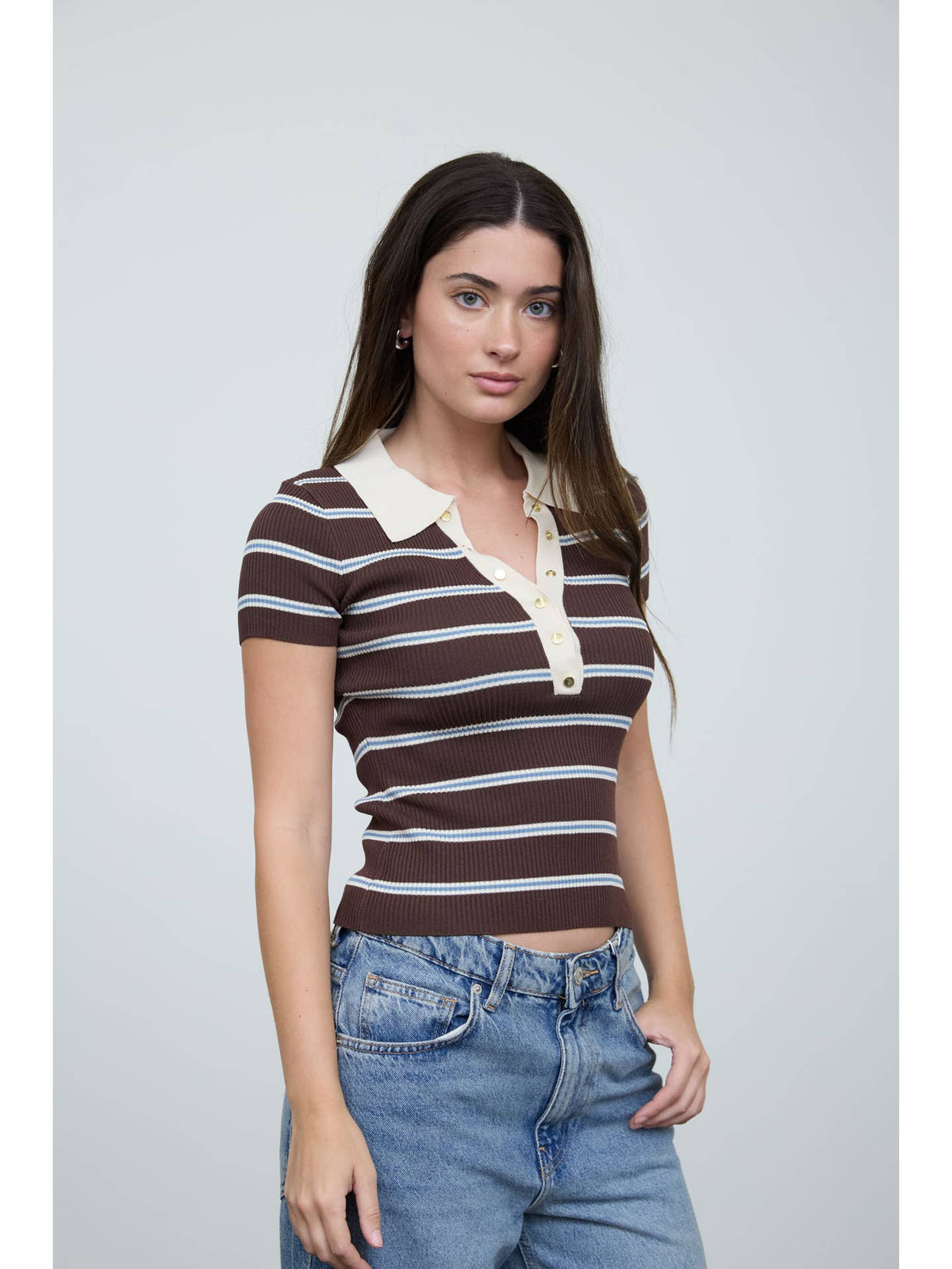 Stripe Ribbed Contrast Polo Top