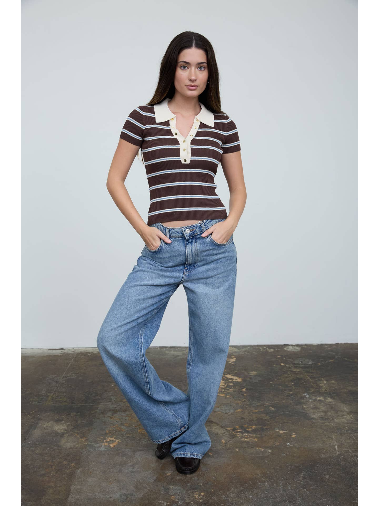 Stripe Ribbed Contrast Polo Top