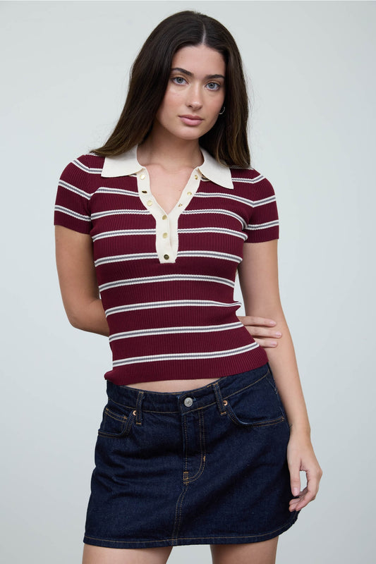 Stripe Ribbed Contrast Polo Top
