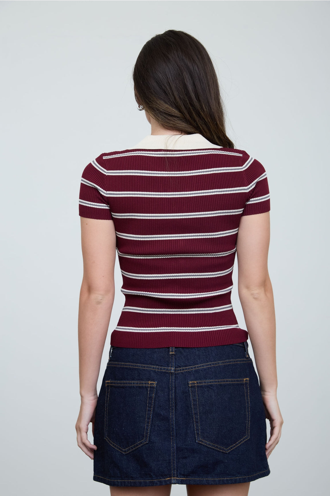 Stripe Ribbed Contrast Polo Top