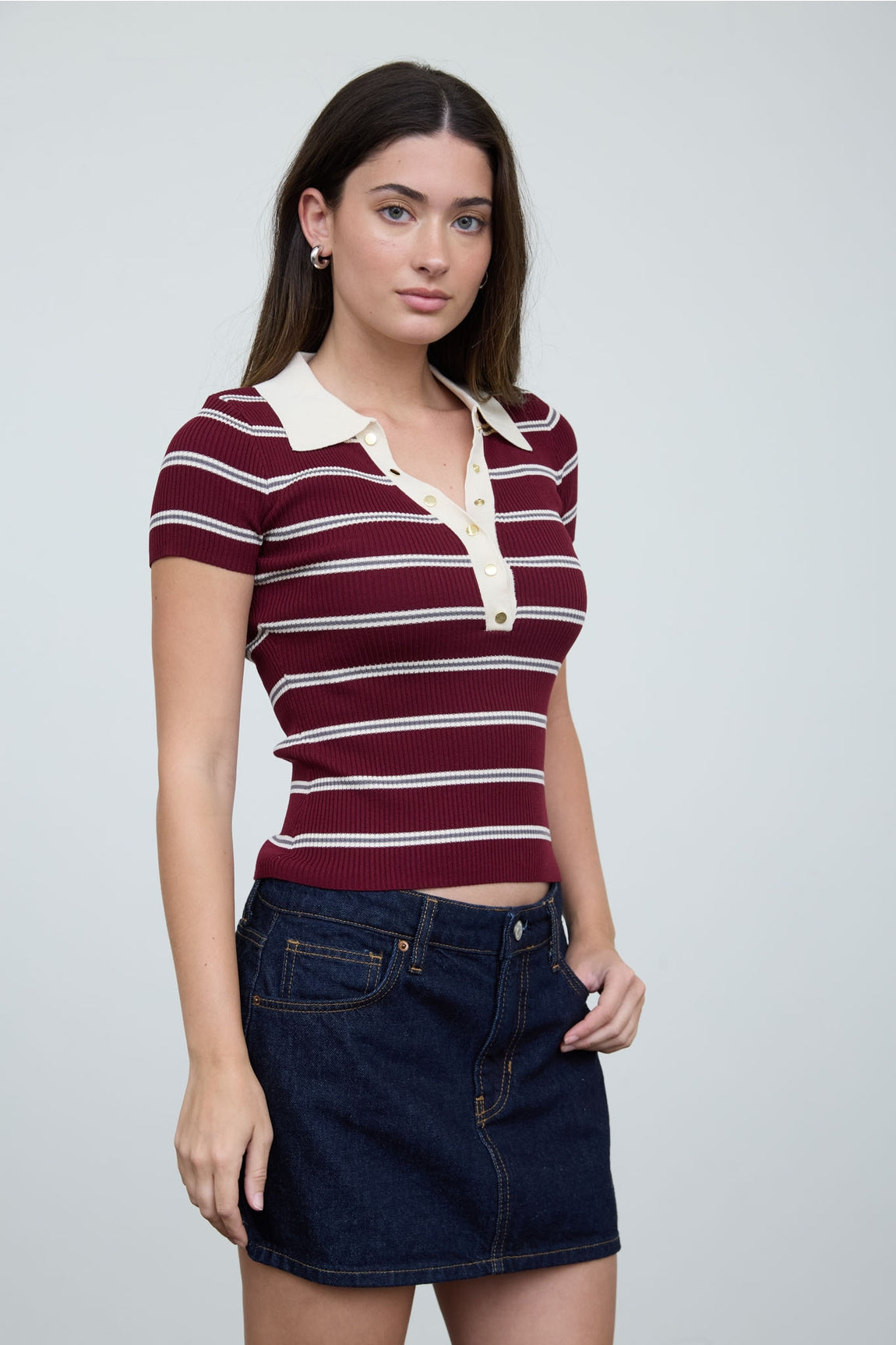 Stripe Ribbed Contrast Polo Top