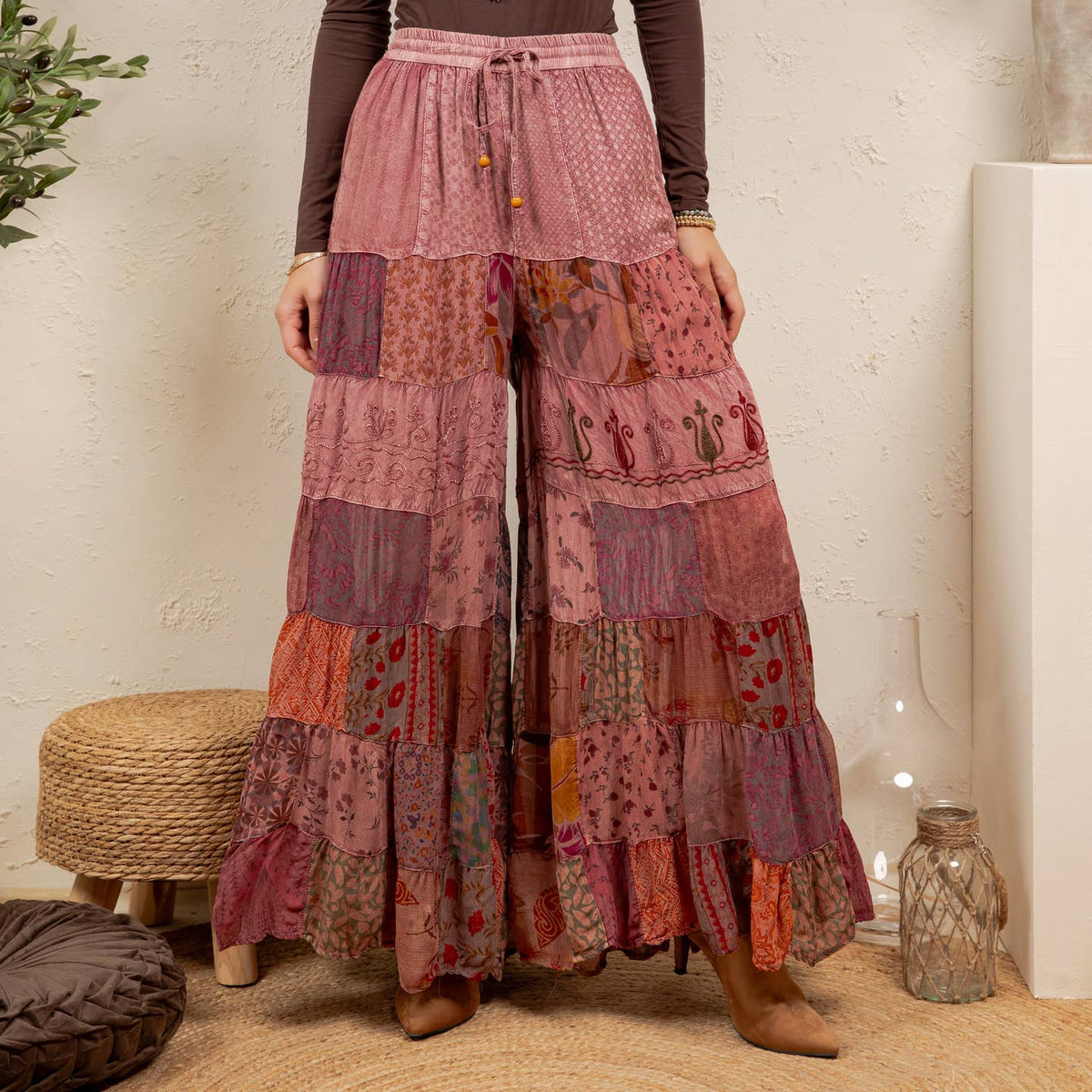 Boho Tiered Patchwork Wide Leg Pants