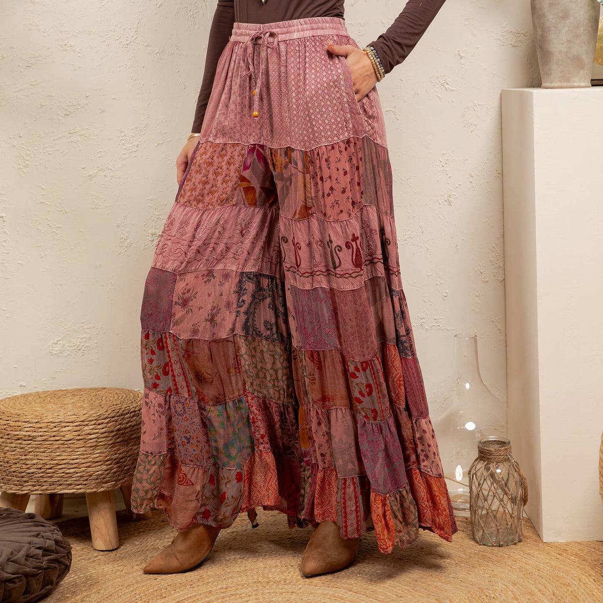 Boho Tiered Patchwork Wide Leg Pants