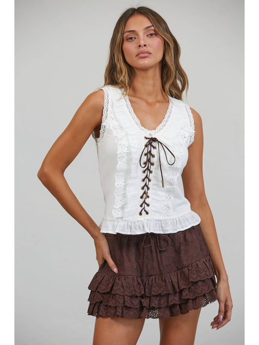 Sally Eyelet Ruffle Lace Up Top