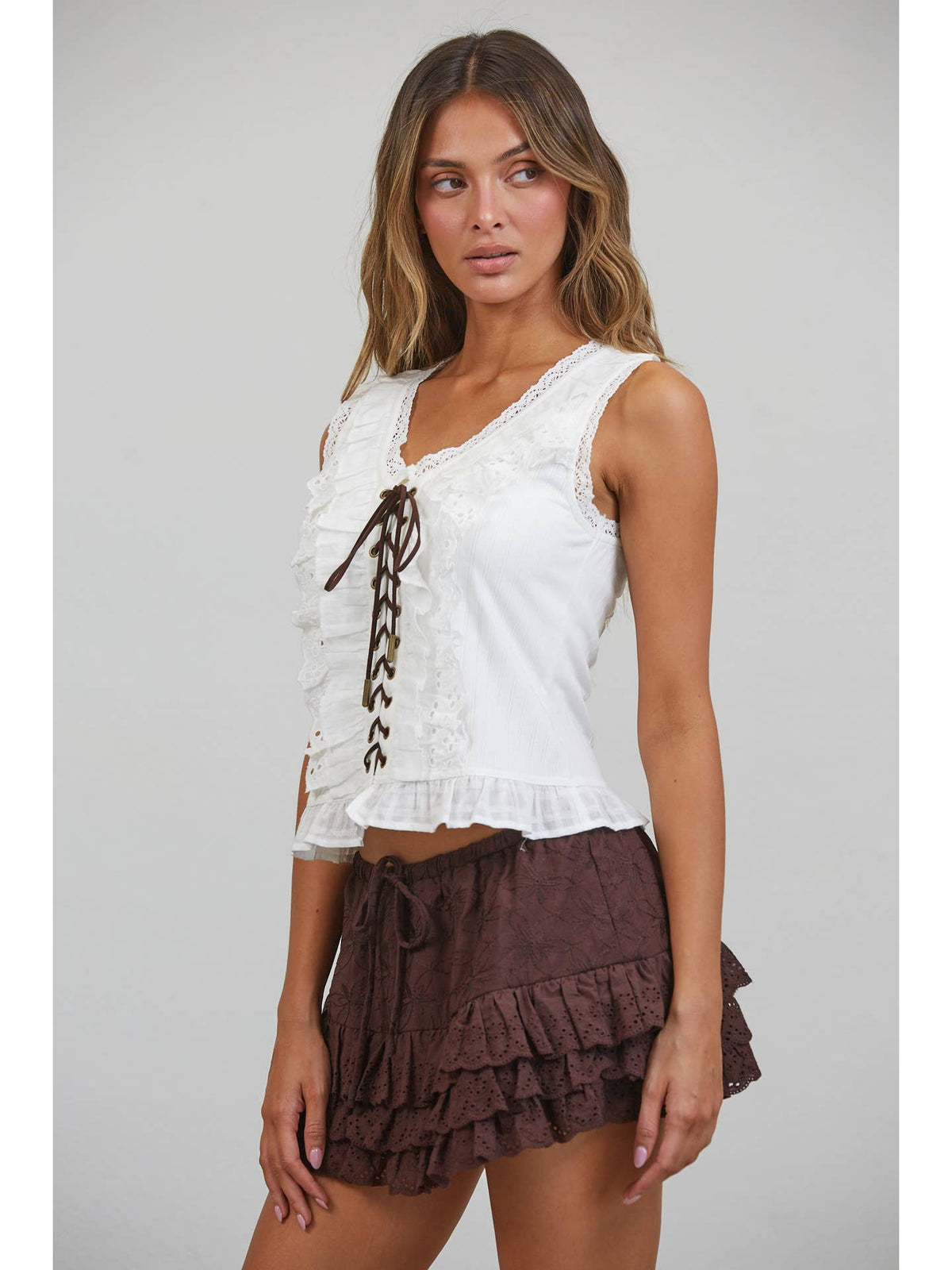 Sally Eyelet Ruffle Lace Up Top