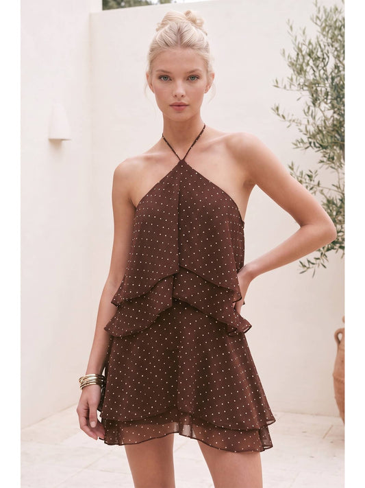 Brown Polka Dot Halter Mini Dress