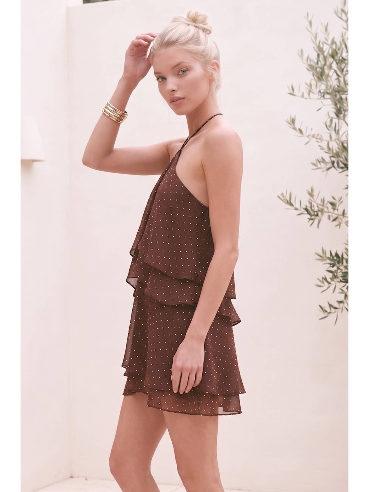 Brown Polka Dot Halter Mini Dress