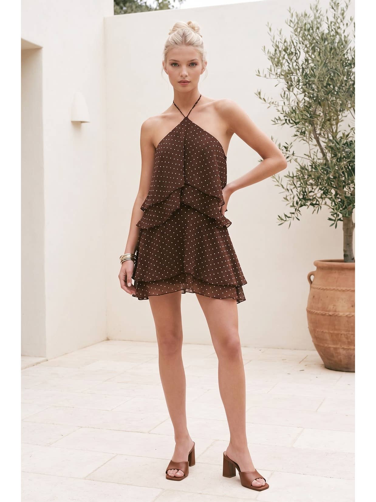 Brown Polka Dot Halter Mini Dress