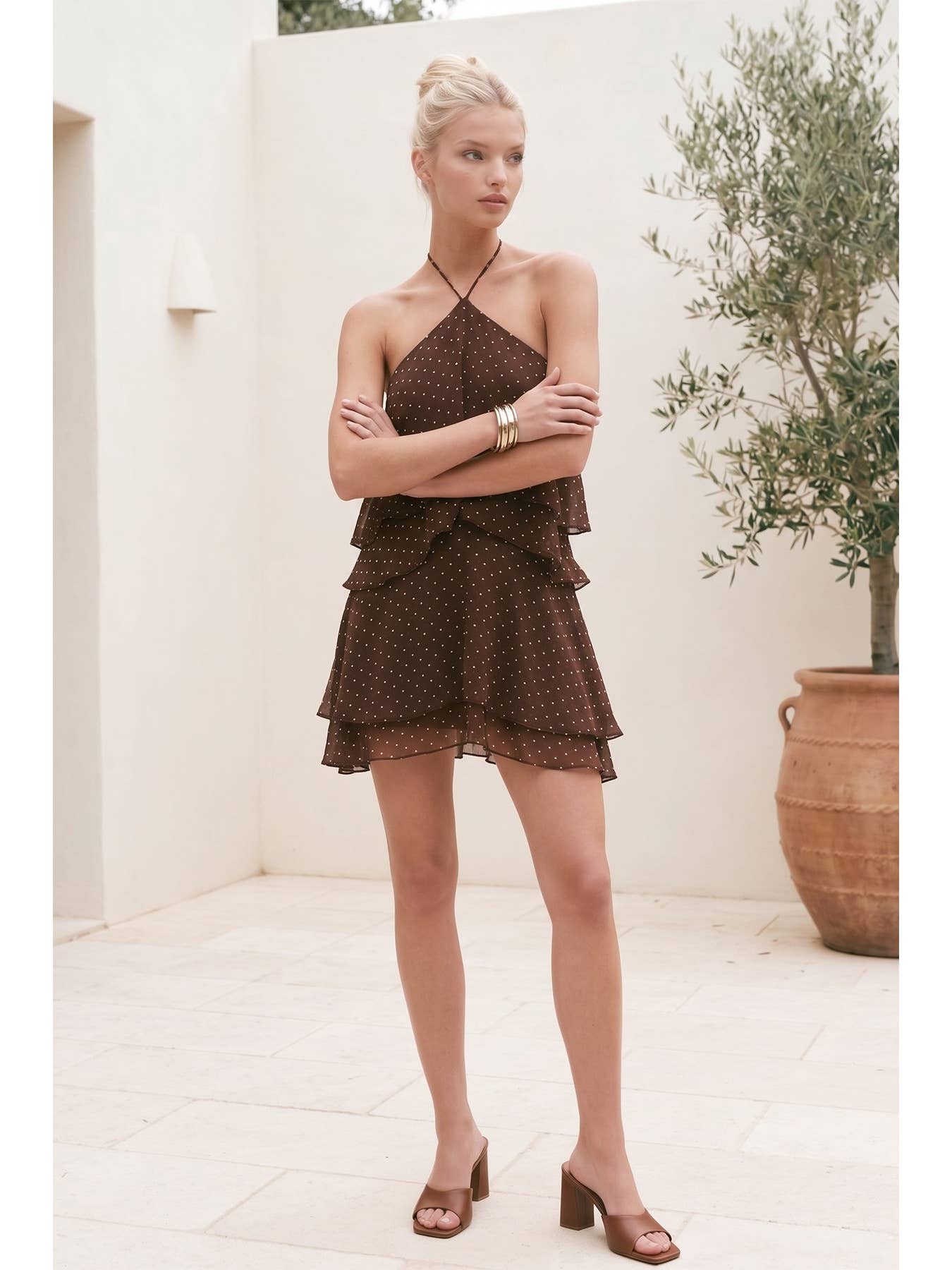 Brown Polka Dot Halter Mini Dress