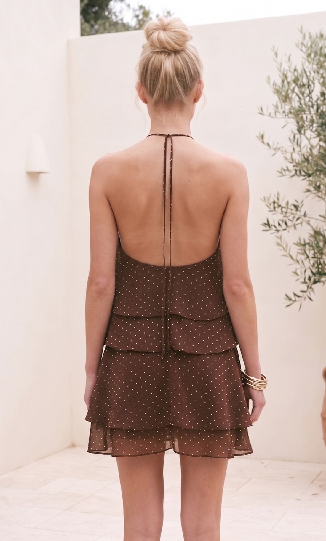 Brown Polka Dot Halter Mini Dress