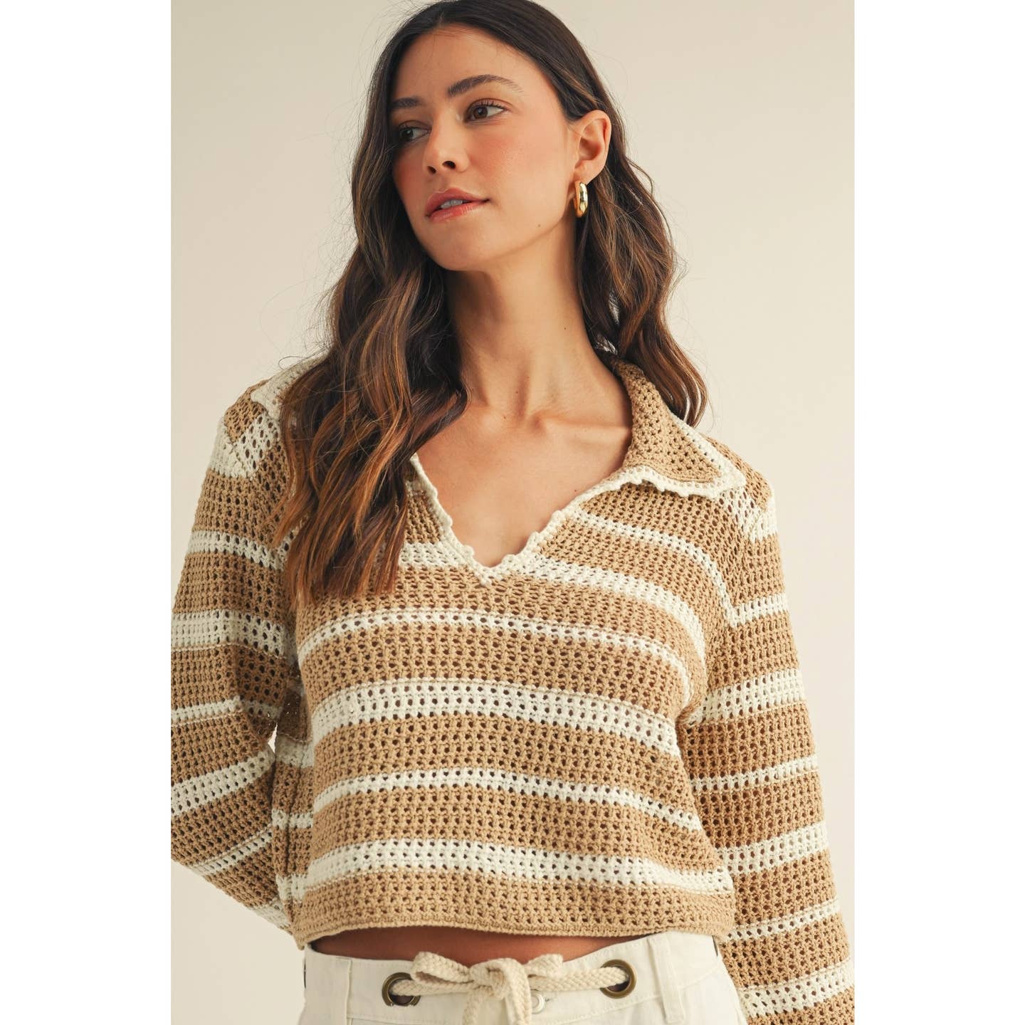 Open Collar Striped Sweater Top