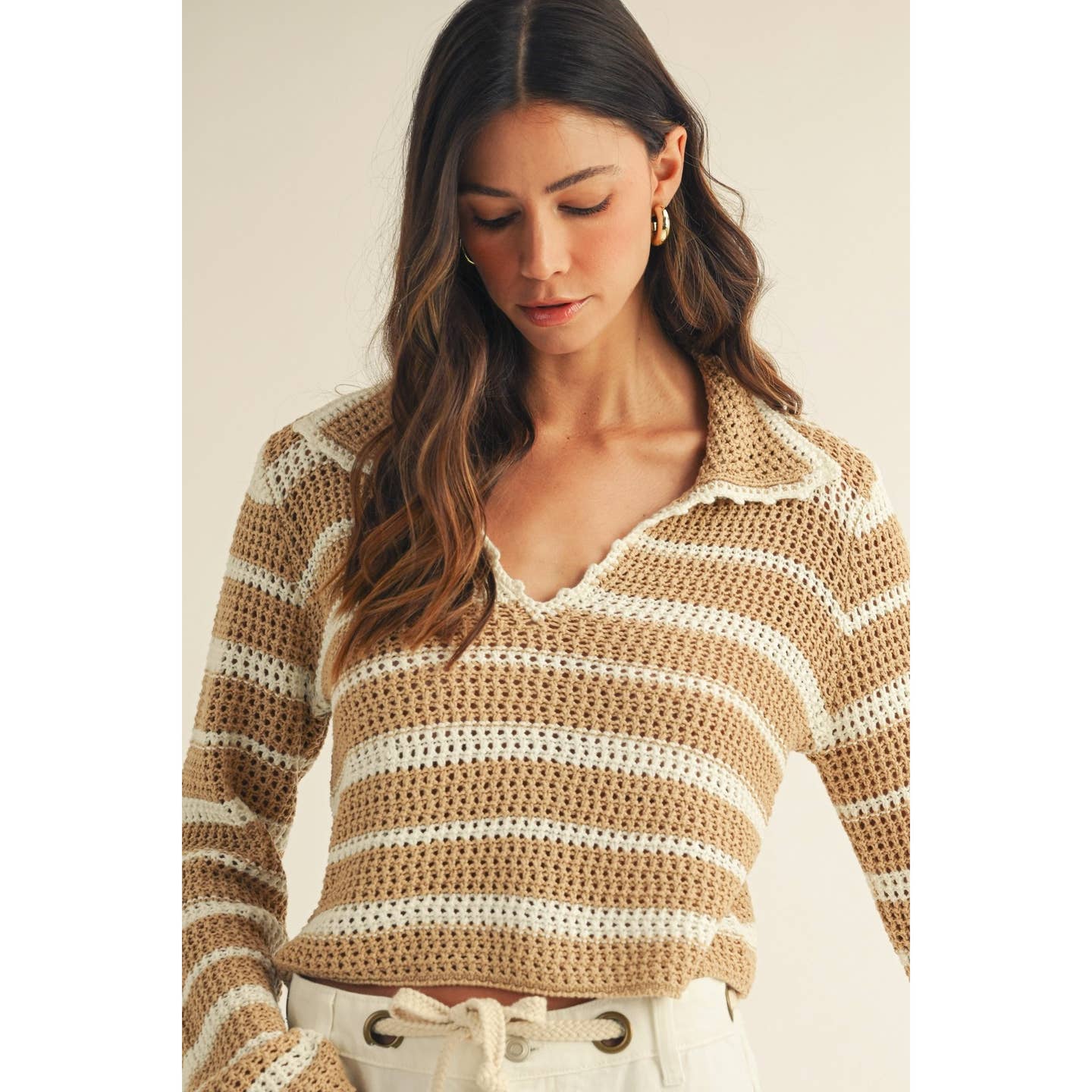 Open Collar Striped Sweater Top