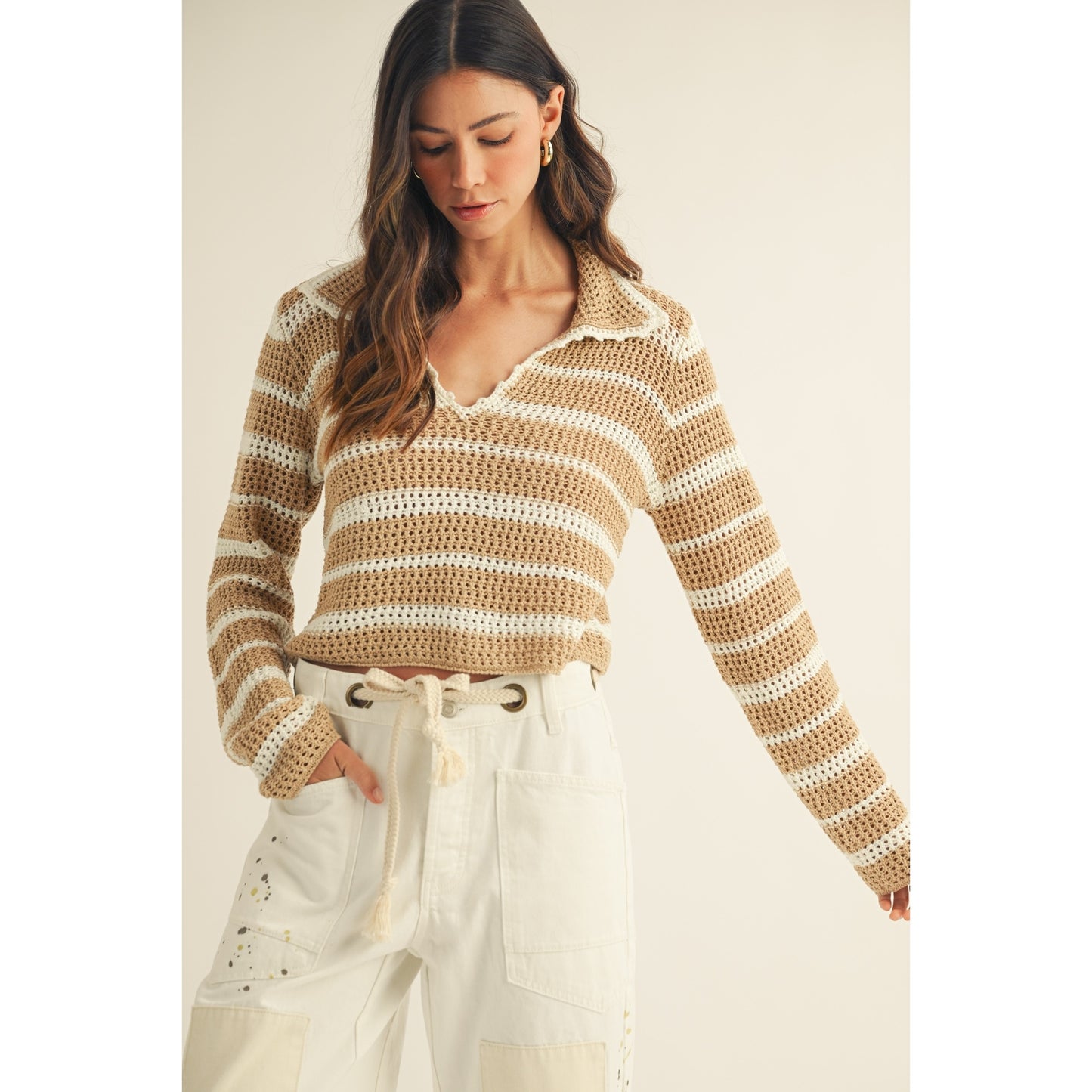 Open Collar Striped Sweater Top
