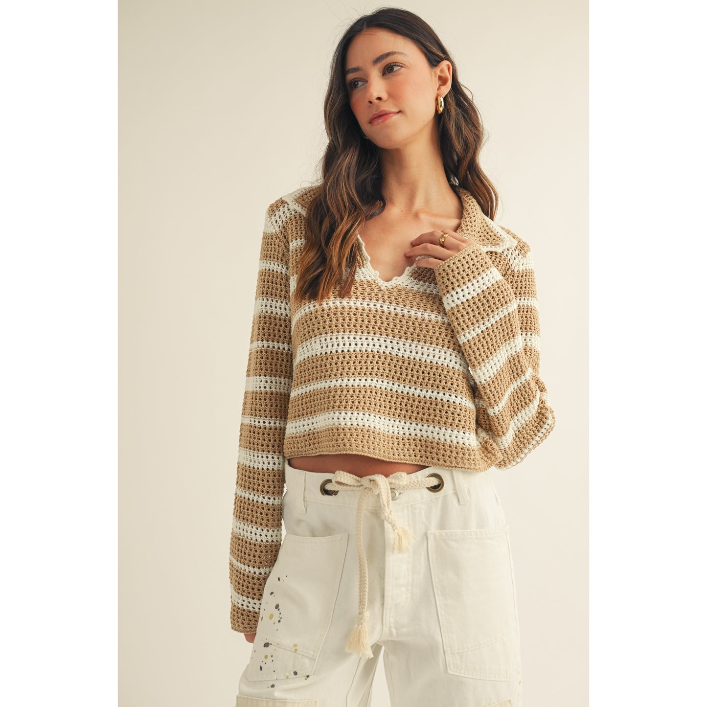 Open Collar Striped Sweater Top