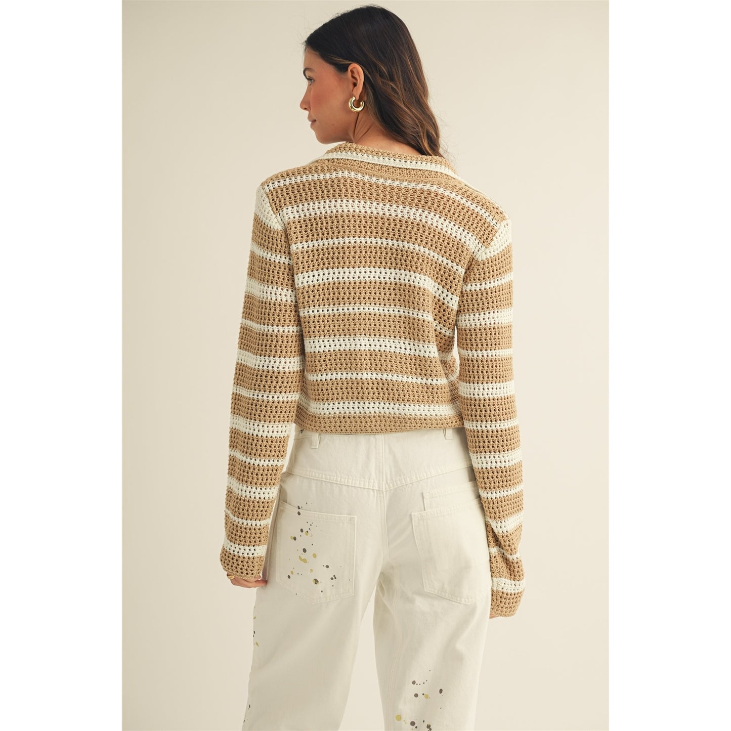 Open Collar Striped Sweater Top
