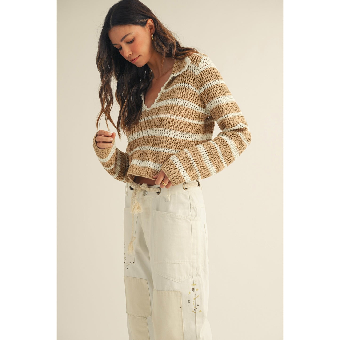 Open Collar Striped Sweater Top