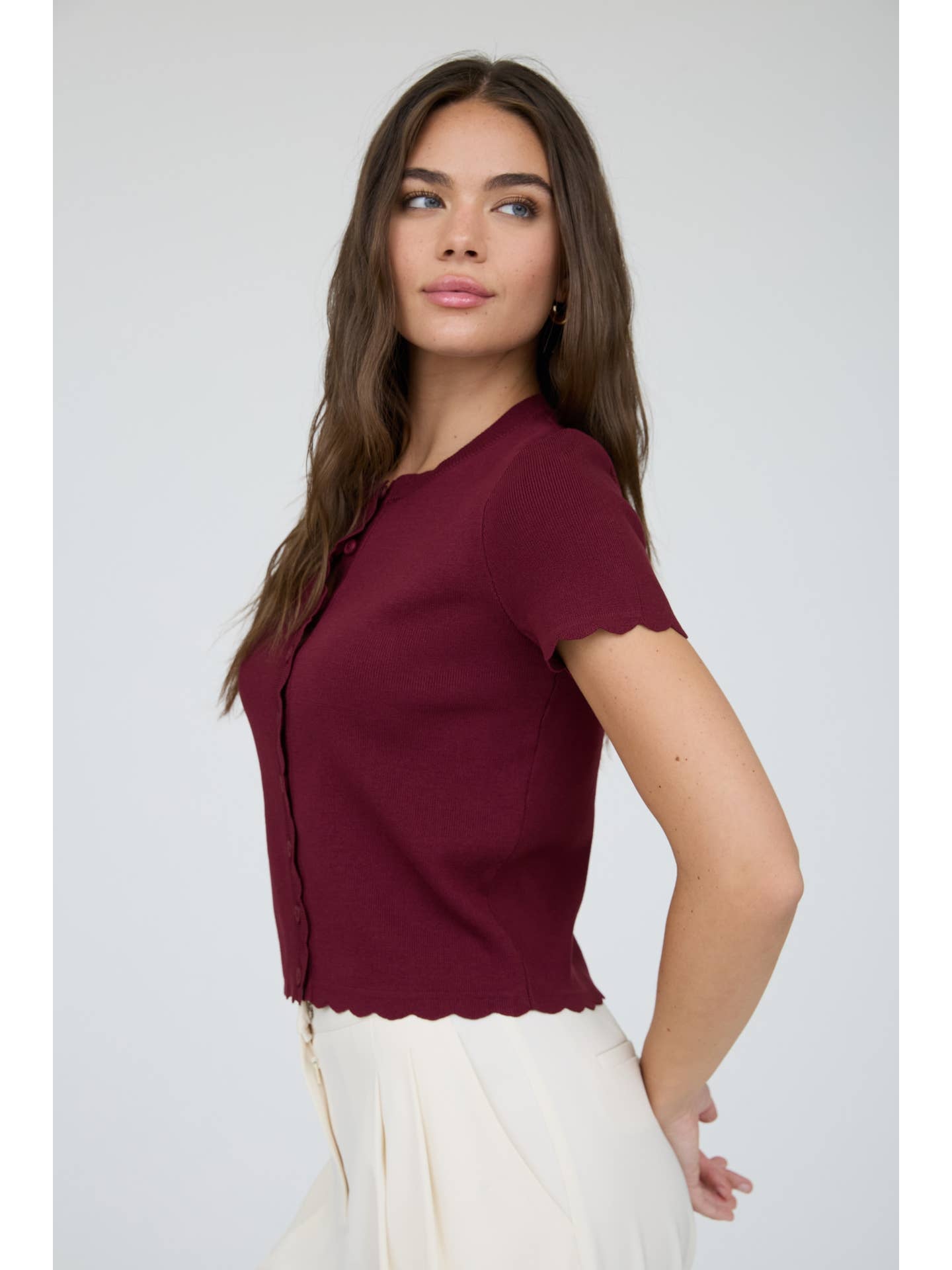Scalloped Short Sleeve Cardigan Top