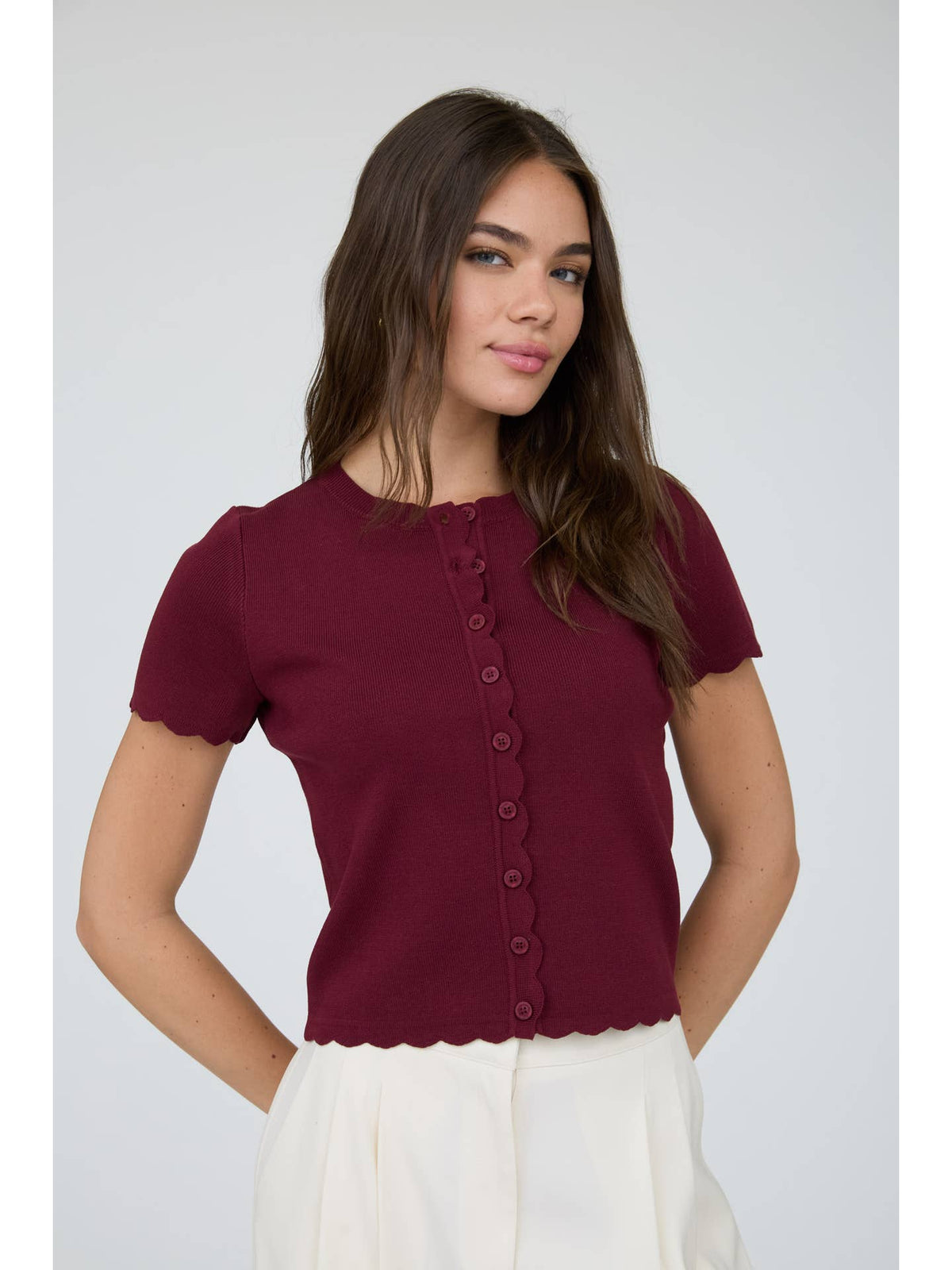 Scalloped Short Sleeve Cardigan Top