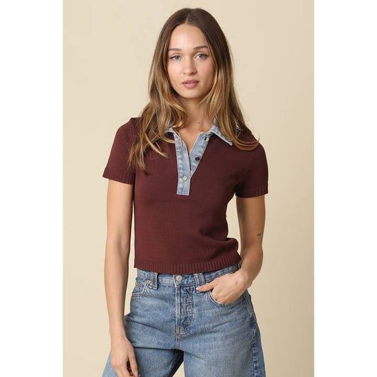 Brown & Denim Collar Sweater Top