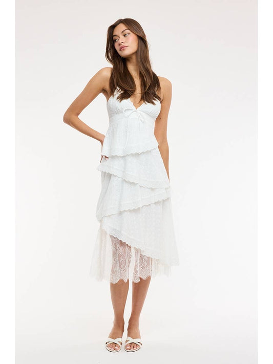White Eyelet Asymmetric Lace Midi Dress