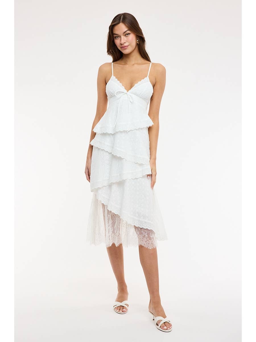 White Eyelet Asymmetric Lace Midi Dress