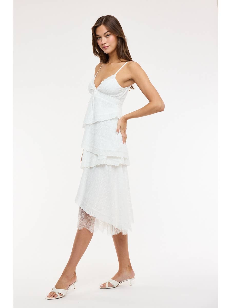 White Eyelet Asymmetric Lace Midi Dress