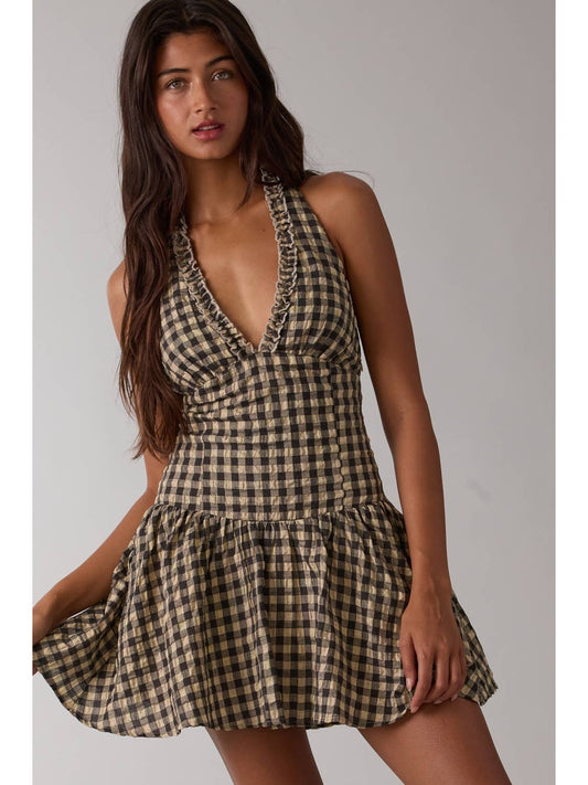 Checker Halter Fit & Flare Mini Dress