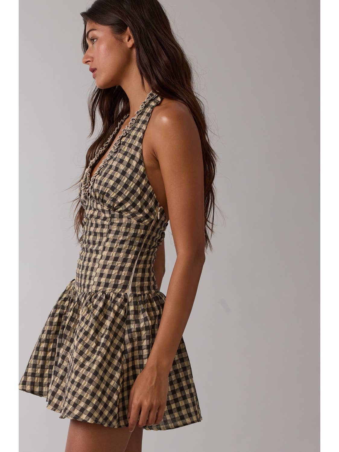 Checker Halter Fit & Flare Mini Dress