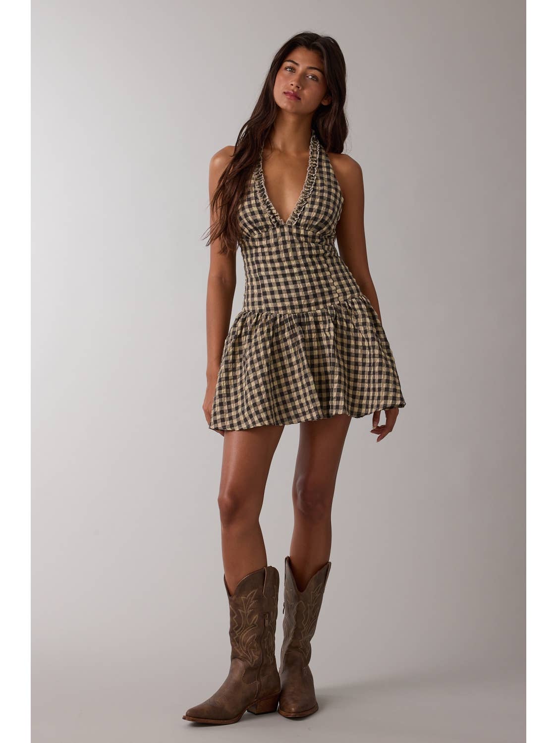 Checker Halter Fit & Flare Mini Dress