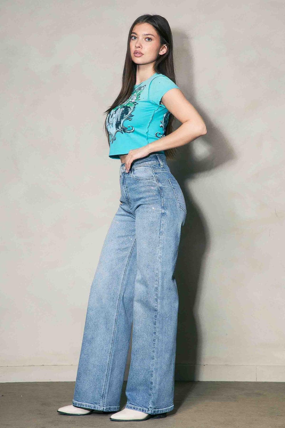 Rhinestone Wide Leg Denim
