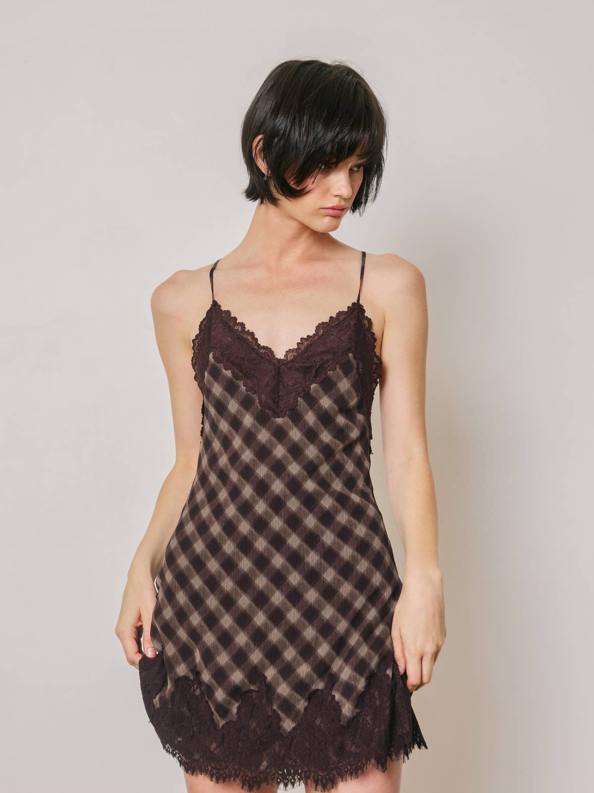 Checkered Lace Slip Mini Dress