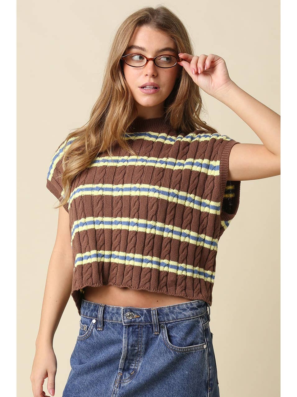 Brown Stripe Crop Knit Top