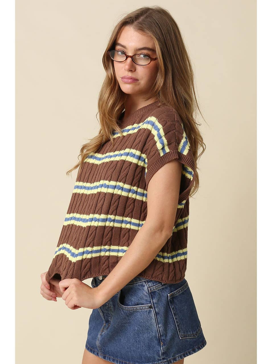Brown Stripe Crop Knit Top
