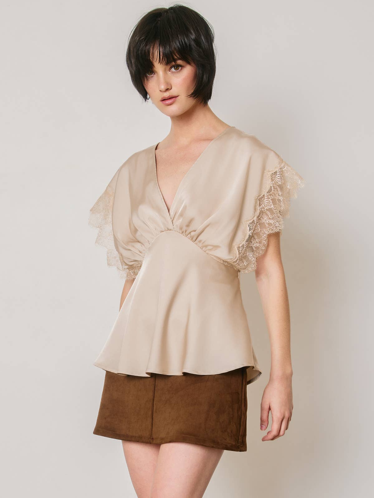 Satin & Lace V-Neck Blouse Top