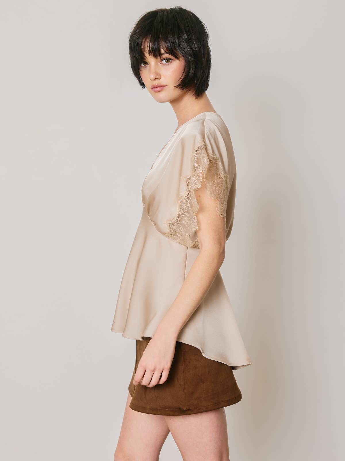 Satin & Lace V-Neck Blouse Top