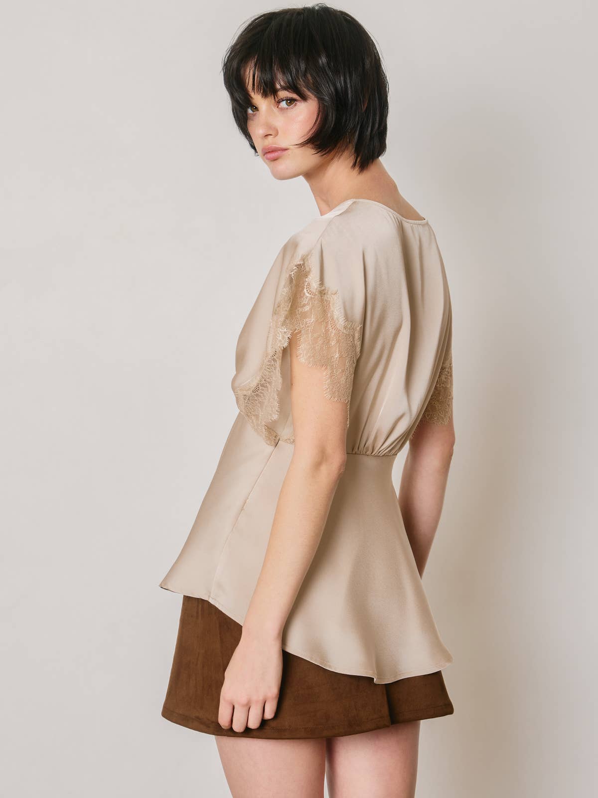 Satin & Lace V-Neck Blouse Top