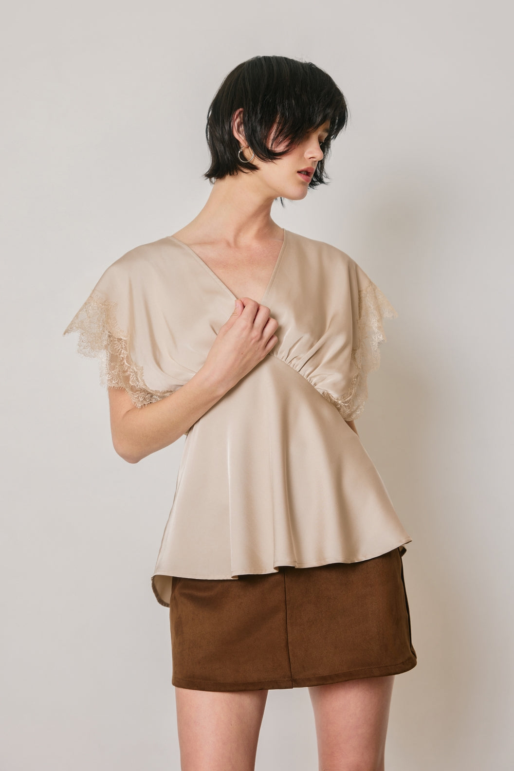 Satin & Lace V-Neck Blouse Top