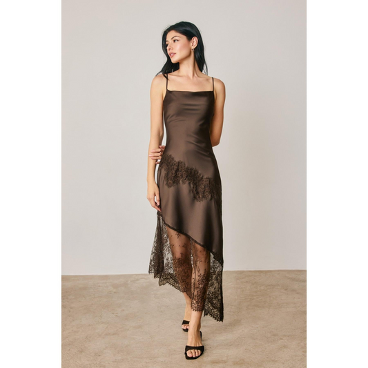 Dark Brown Lace Detail Midi Dress